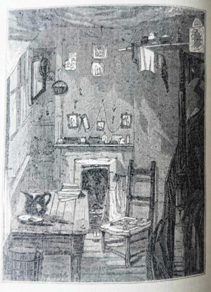 'Interior of House in Court' - George Godwin, London Shadows (1854) ‘The room is little more than 7 feet long by 6 feet wide; the greatest height 6 feet 9 inches. The narrow bedstead, which is doubled up in the daytime, reaches, when let down, close to the fire-place… Our engraving makes the room appear too large’